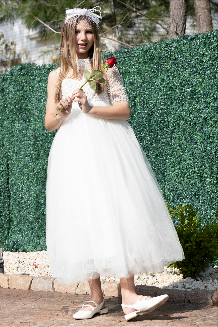 VINCA Designer lace and pearl ball gown for girls Little Fiori